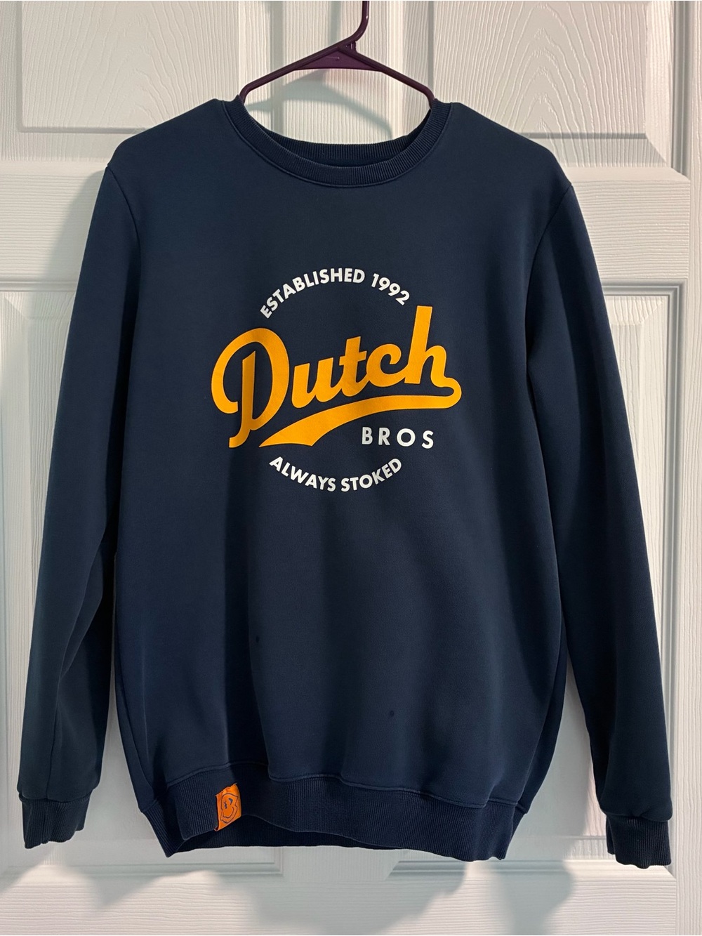 Dutch Bros Navy Crewneck with Yellow Script Logo Size Medium